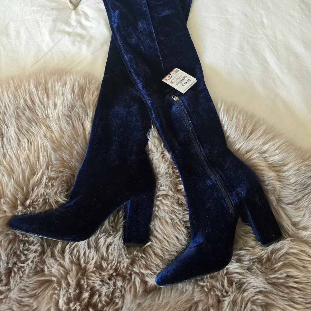 ZARA Blue Velvet Over-the-Knee Boots - Size 39 NWT
